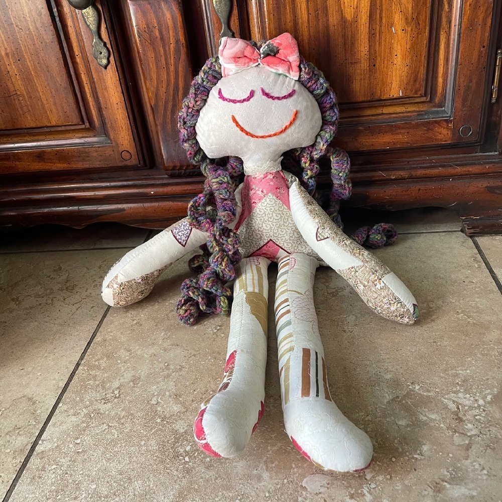 Handmade Rag Doll Decorative Whimsical crocheted curly Hair Bow Accent 27"